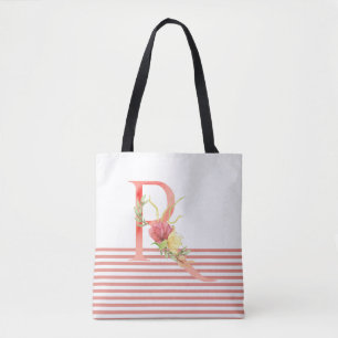 Waterverf Floral letter "R" roze streep Tote Bag
