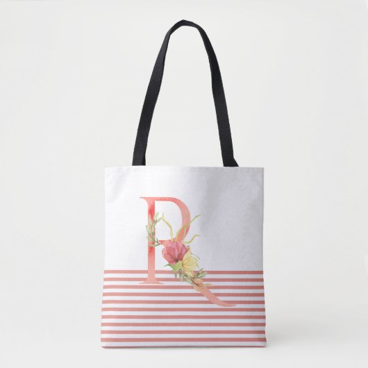  Waterverf Floral letter "R" roze streep Tote Bag (Voorkant)