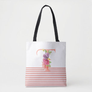  Waterverf Floral letter "T" roze streep Tote Bag