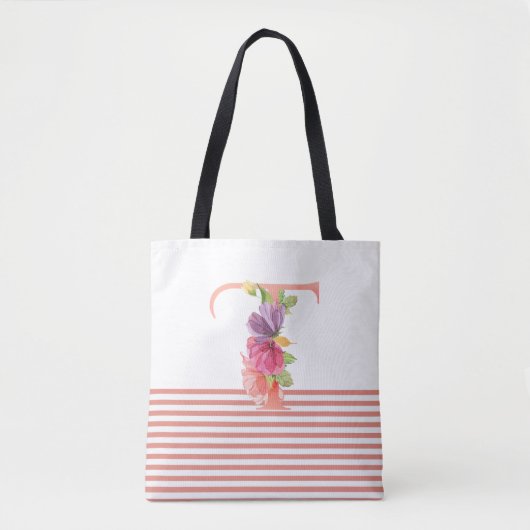  Waterverf Floral letter "T" roze streep Tote Bag (Voorkant)
