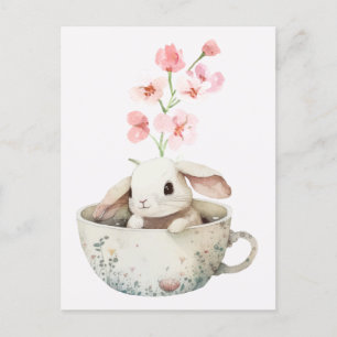 Waterverf Floral Leuke Bunny Tea Cup Briefkaart