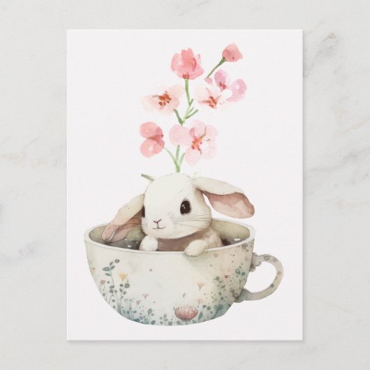 Waterverf Floral Leuke Bunny Tea Cup Briefkaart (Voorkant)