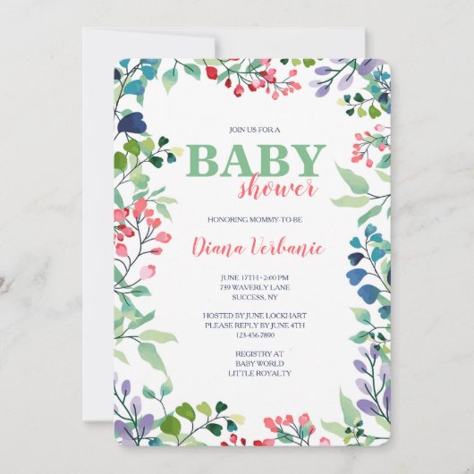 Waterverf Floral Lijst Baby shower Uitnodiging (Voorkant)