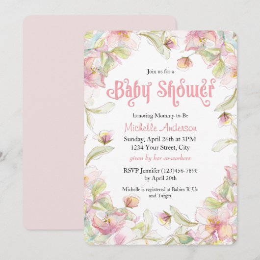 Waterverf Floral Lijst Pastel Baby shower Kaart (Voorkant / Achterkant)