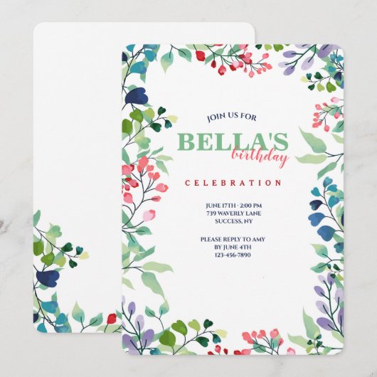 Waterverf Floral Lijst Verjaardagsuitnodiging Kaart (Voorkant / Achterkant)