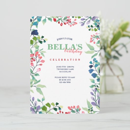 Waterverf Floral Lijst Verjaardagsuitnodiging Kaart (Staand voorkant)
