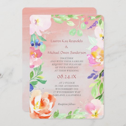 Waterverf Floral Lijst Weddenschap Kaart (Voorkant / Achterkant)