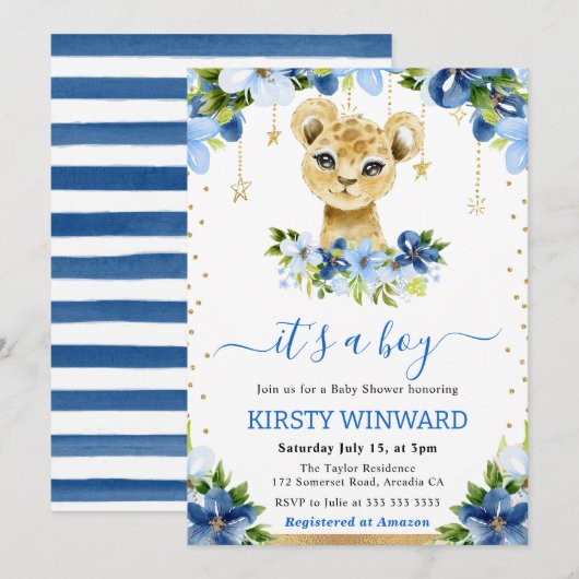 Waterverf Floral Lion Cub Boy Baby shower Kaart (Voorkant / Achterkant)