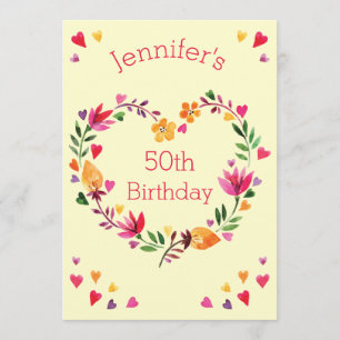 Waterverf Floral Love Heart Wreath 50th Birthday Kaart