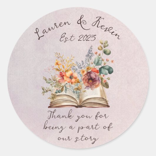 Waterverf Floral Love Story Book Wedding Ronde Sticker (Voorkant)