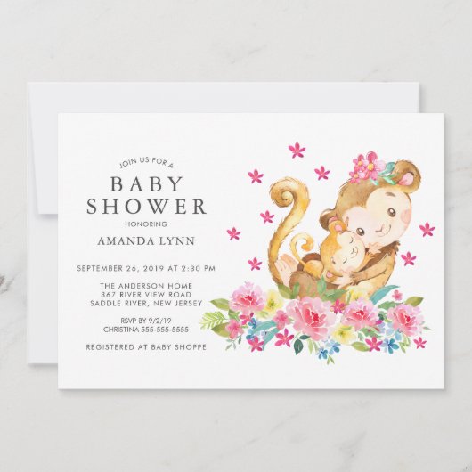 Waterverf Floral Mam Baby Monkey Baby Girl Shower Kaart (Voorkant)