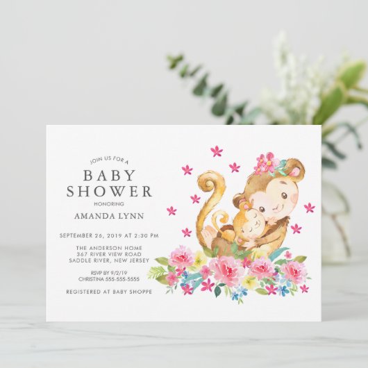 Waterverf Floral Mam Baby Monkey Baby Girl Shower Kaart (Staand voorkant)