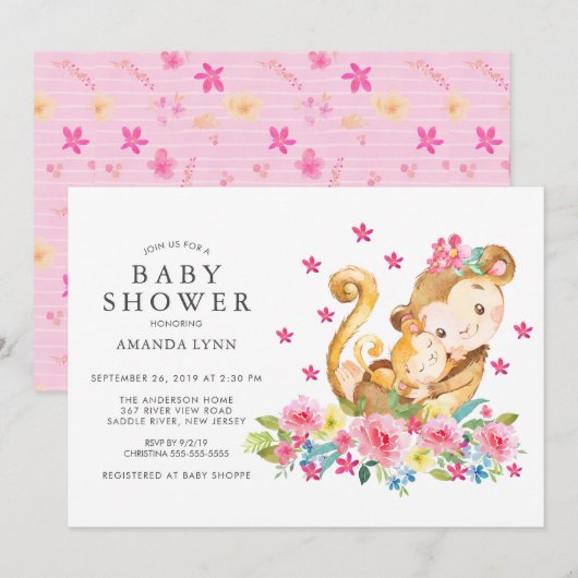 Waterverf Floral Mam Baby Monkey Baby Girl Shower Kaart (Voorkant / Achterkant)