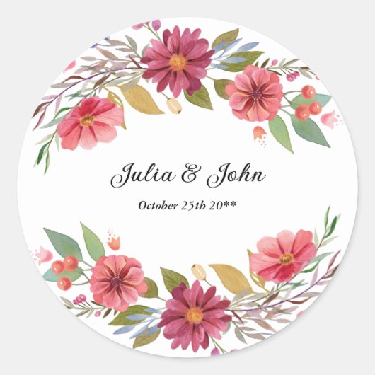 Waterverf Floral Marsala en Dusty Pink Classic Ronde Sticker (Voorkant)