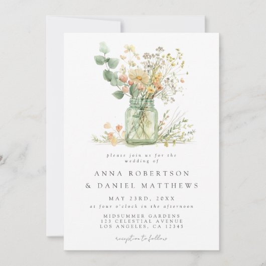 Waterverf Floral Mason Jar Wedding Kaart (Voorkant)