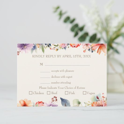 Waterverf Floral Meal Choice Wedding RSVP Kaartje (Staand voorkant)