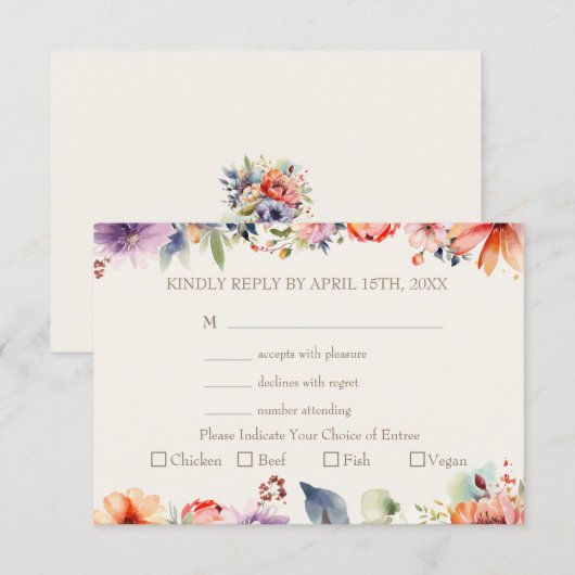 Waterverf Floral Meal Choice Wedding RSVP Kaartje (Voorkant / Achterkant)