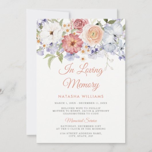 Waterverf Floral Memorial Service Uitnodigen Kaart (Voorkant)