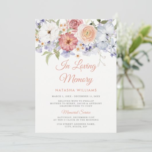Waterverf Floral Memorial Service Uitnodigen Kaart (Staand voorkant)