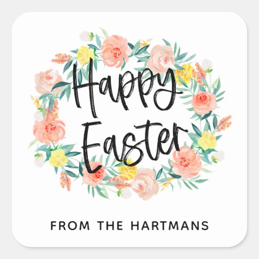 Waterverf Floral met Happy Pasen Vierkante Sticker (Voorkant)