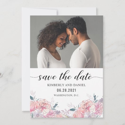 Waterverf Floral met Uw Foto sparen de Datum Save The Date (Voorkant)