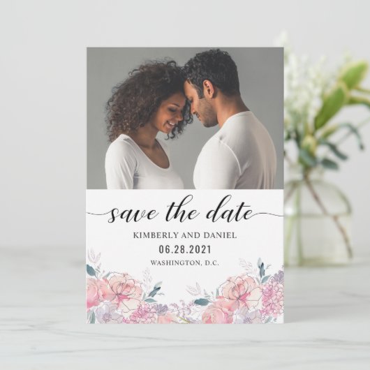 Waterverf Floral met Uw Foto sparen de Datum Save The Date (Staand voorkant)
