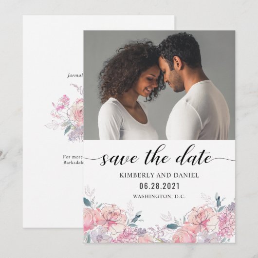 Waterverf Floral met Uw Foto sparen de Datum Save The Date (Voorkant / Achterkant)