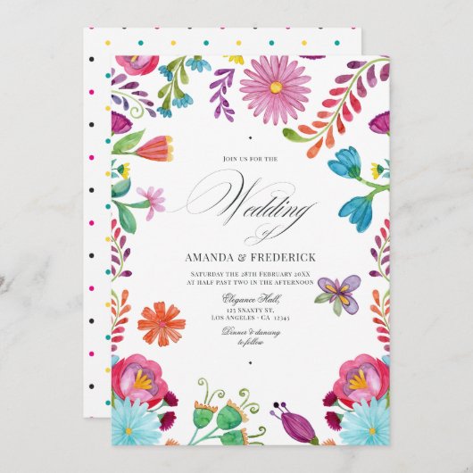 Waterverf Floral Mexican Fiesta QR Code Weddenscha Kaart (Voorkant / Achterkant)