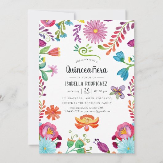 Waterverf Floral Mexican Fiesta Quinceañara Kaart (Voorkant)