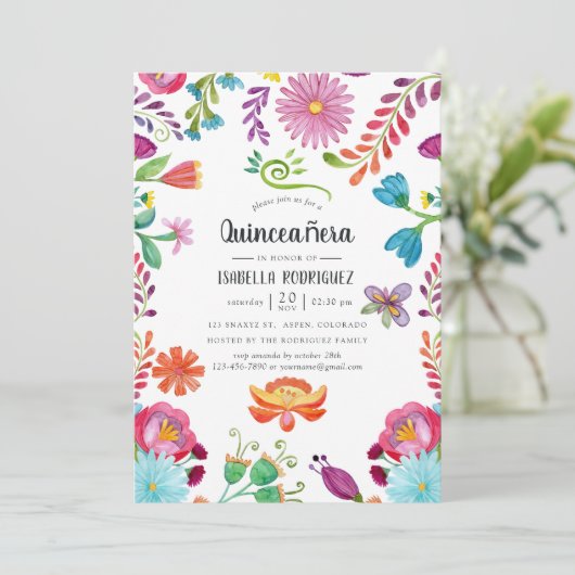 Waterverf Floral Mexican Fiesta Quinceañara Kaart (Staand voorkant)