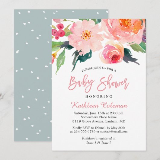 Waterverf Floral Modern Classy Baby shower Kaart (Voorkant / Achterkant)