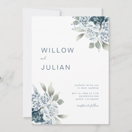 Waterverf Floral Modern Dusty Blue Wedding Kaart (Voorkant)