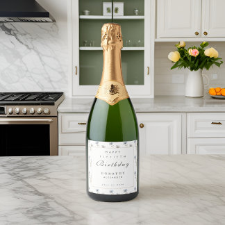 Waterverf Floral Modern Elegant Adult Birthday Sparkling Wijnetiket