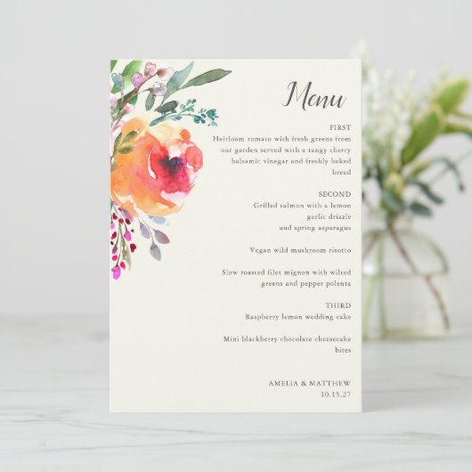 Waterverf Floral Modern Elegant Bruiloft Menu Kaar Kaart (Staand voorkant)