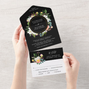 Waterverf Floral Modern Wedding Black All In One Uitnodiging