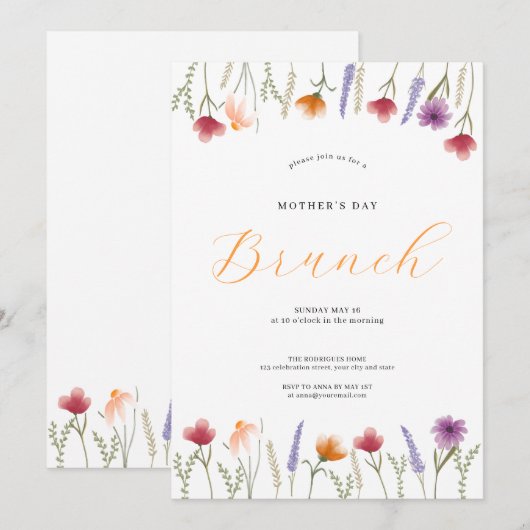 Waterverf Floral Moederdag Brunch Kaart (Voorkant / Achterkant)