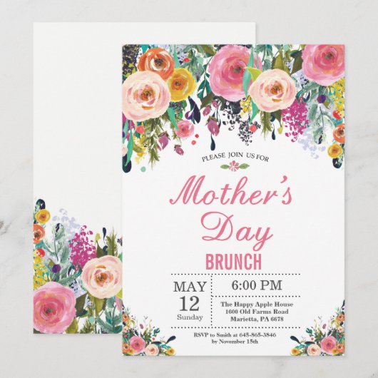 Waterverf Floral Moederdag Brunch Uitnodiging (Voorkant / Achterkant)