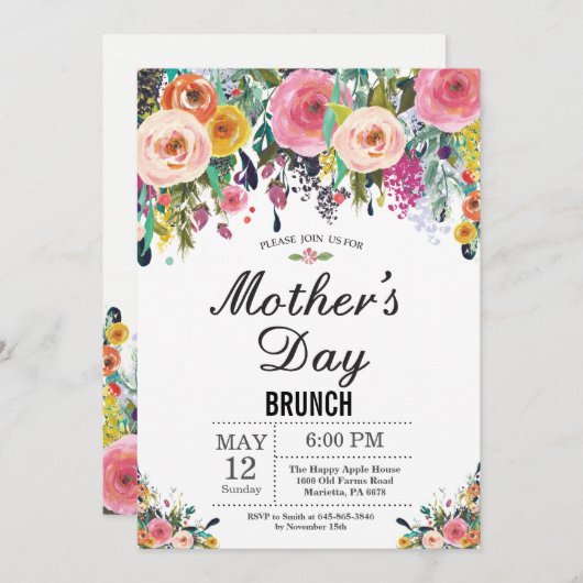 Waterverf Floral Moederdag Brunch Uitnodiging (Voorkant / Achterkant)