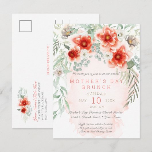 Waterverf Floral Moederdag Brunch Uitnodiging Briefkaart (Voorkant / Achterkant)