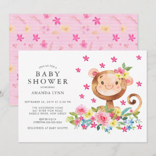 Waterverf Floral Monkey Baby Girl Shower Kaart