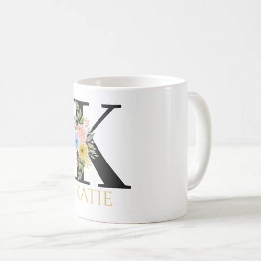 Waterverf Floral Monogram Coffee Mok (Voorkant rechts)