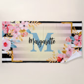 Waterverf Floral Monogram en naam zomerroze Strandlaken (Voorkant)