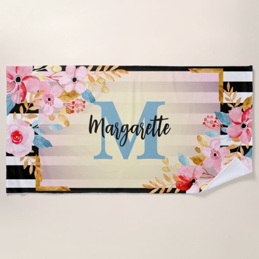 Waterverf Floral Monogram en naam zomerroze Strandlaken (Voorkant)