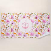 Waterverf Floral Monogram en naam zomerroze Strandlaken (Voorkant)