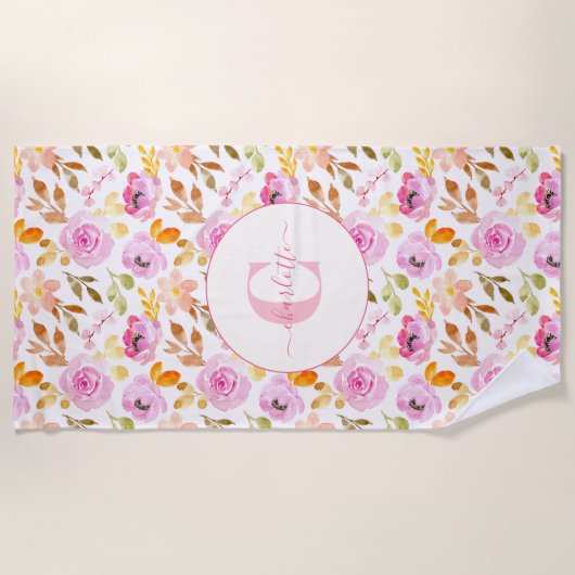 Waterverf Floral Monogram en naam zomerroze Strandlaken (Voorkant)