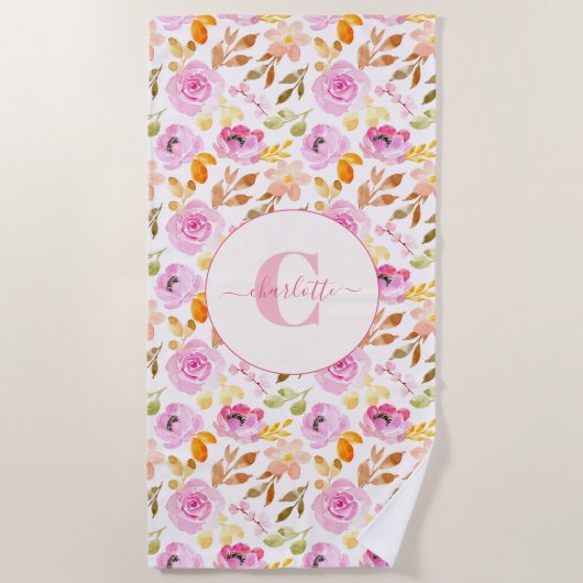 Waterverf Floral Monogram en naam zomerroze Strandlaken (Voorkant)