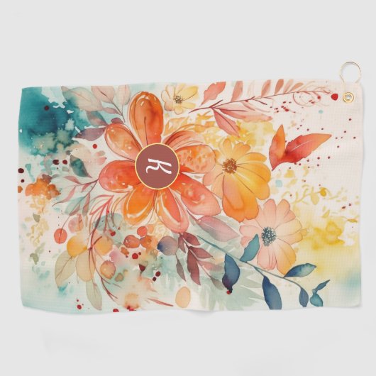 Waterverf Floral Monogram Golfhanddoek (Horizontaal)