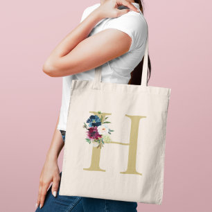 Waterverf Floral Monogram Initiaal Navy Burgundy Tote Bag