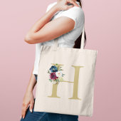Waterverf Floral Monogram Initiaal Navy Burgundy Tote Bag