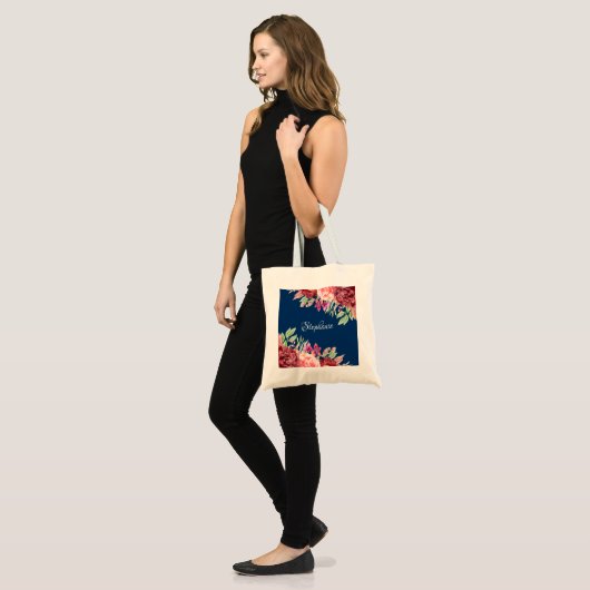 Waterverf Floral Monogram Navy Blue Burgundy Tote Bag (Voorkant (model))